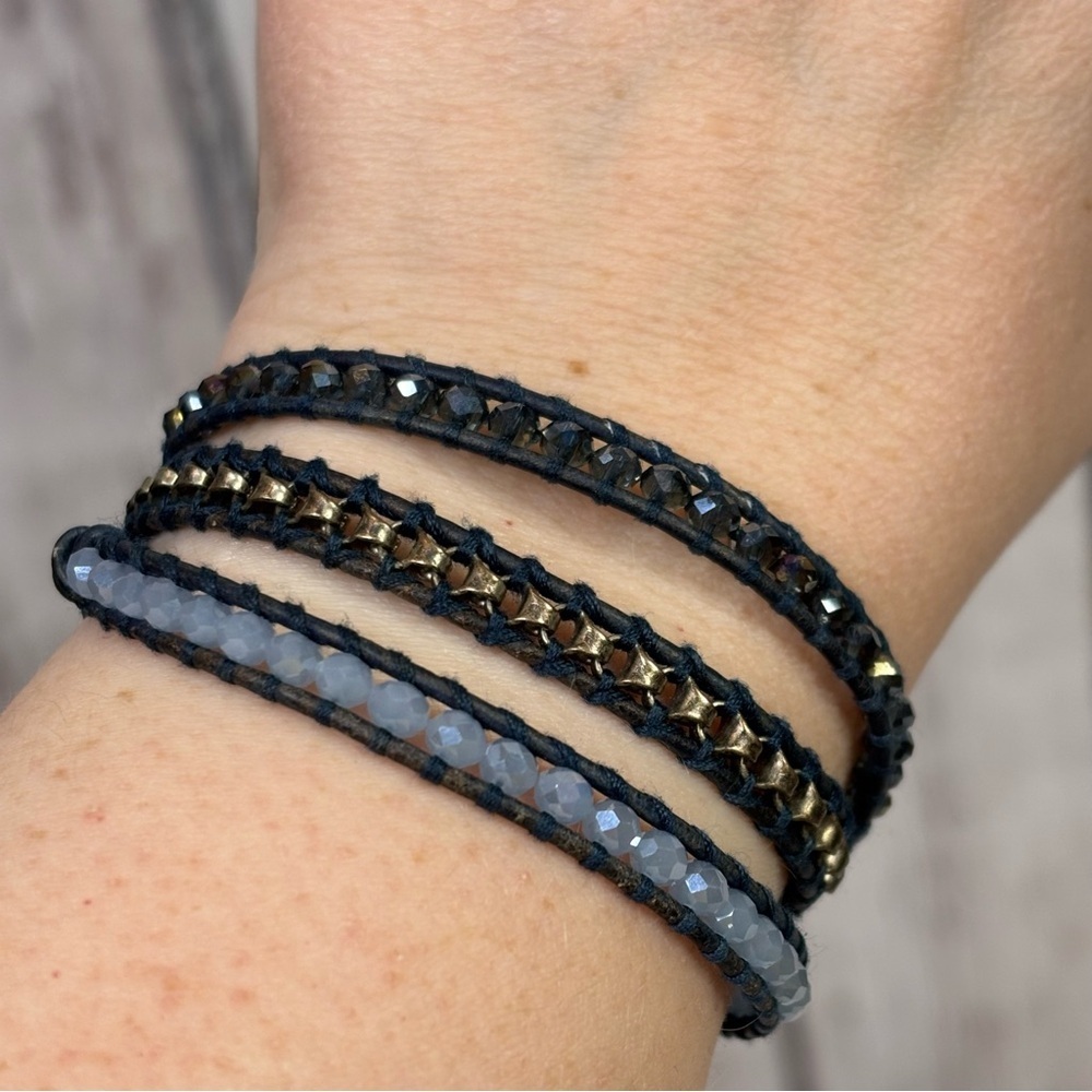 Chan Luu Authentic Beaded Triple Wrap Bracelet Sterling Silver‎ Blue Beads & Bag